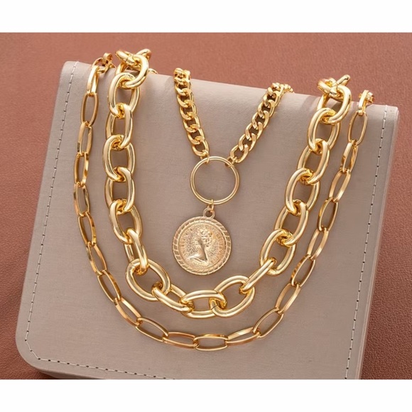 Gold Tone 3 Separate Strand Large Statement Necklace - Picture 2 of 5